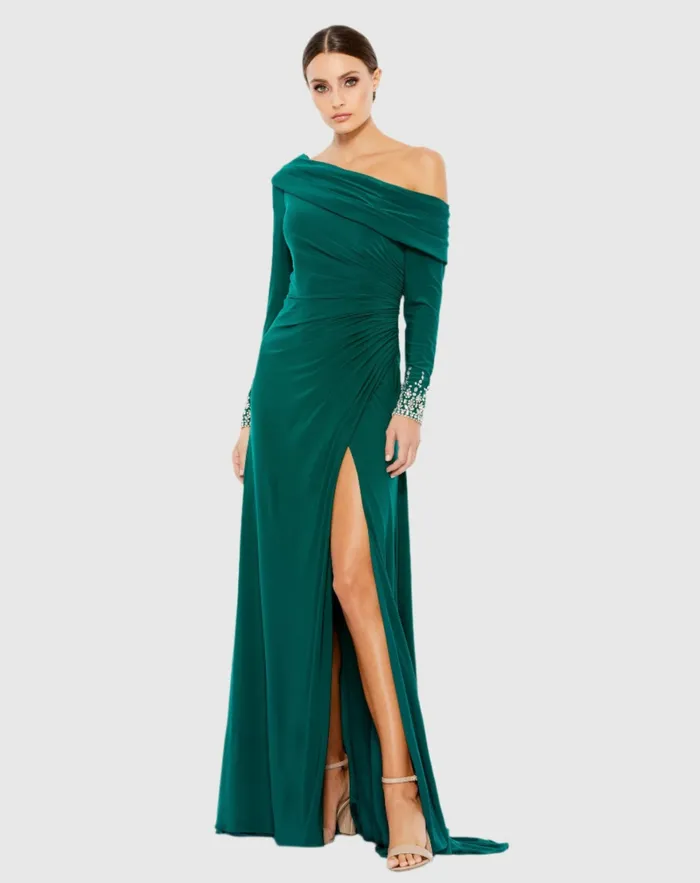 Women Best Sellers Mac Duggal Beaded Cuff Drop Shoulder Faux Wrap Dress Emerald
