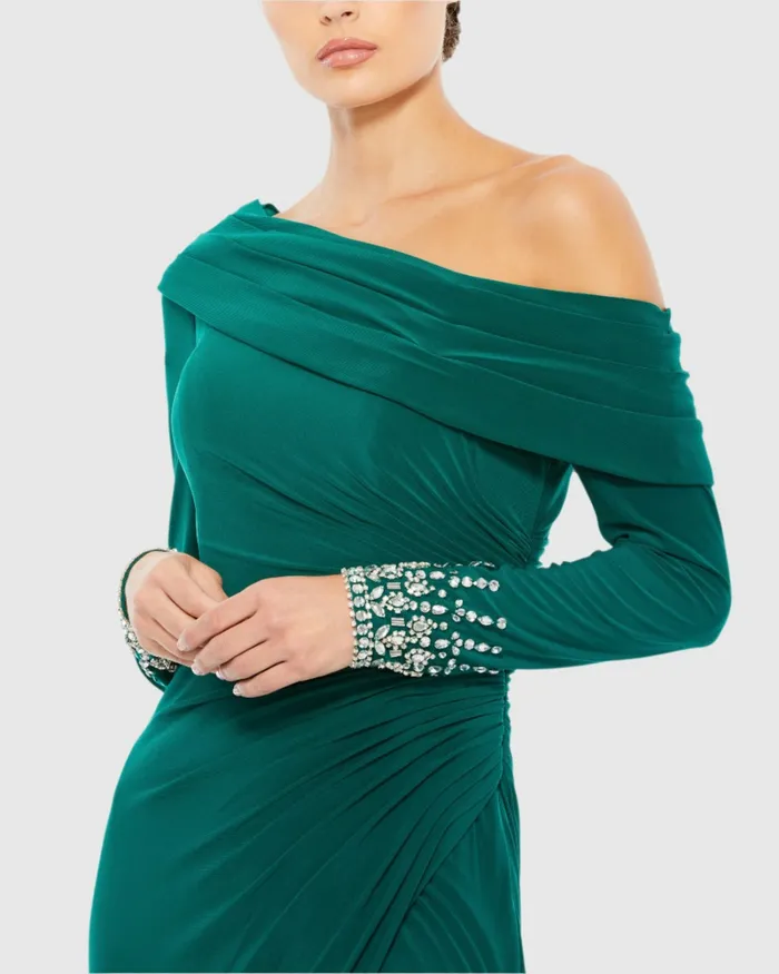Women Best Sellers Mac Duggal Beaded Cuff Drop Shoulder Faux Wrap Dress Emerald