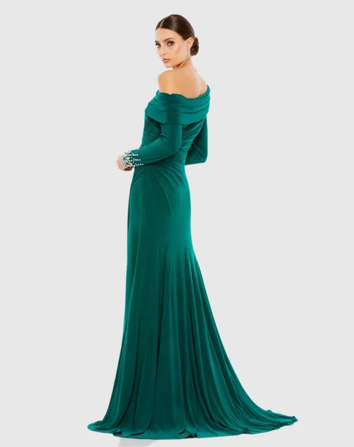 Women Best Sellers Mac Duggal Beaded Cuff Drop Shoulder Faux Wrap Dress Emerald