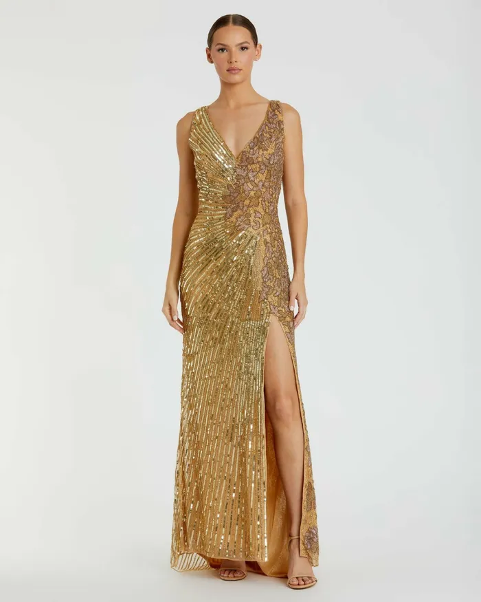 Women Best Sellers Mac Duggal Gold Beaded Floral Sleeveless Gown Gold