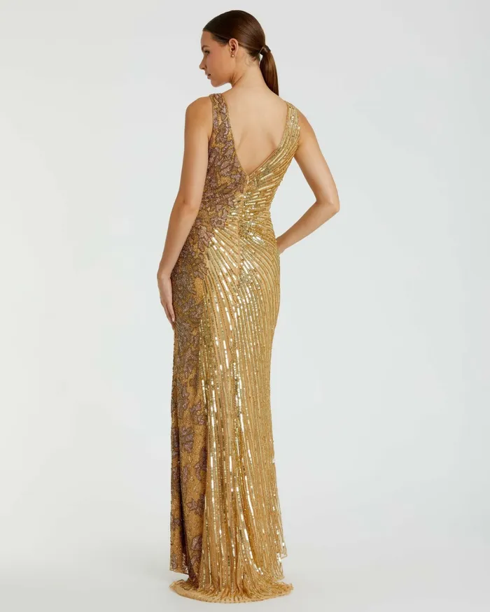 Women Best Sellers Mac Duggal Gold Beaded Floral Sleeveless Gown Gold