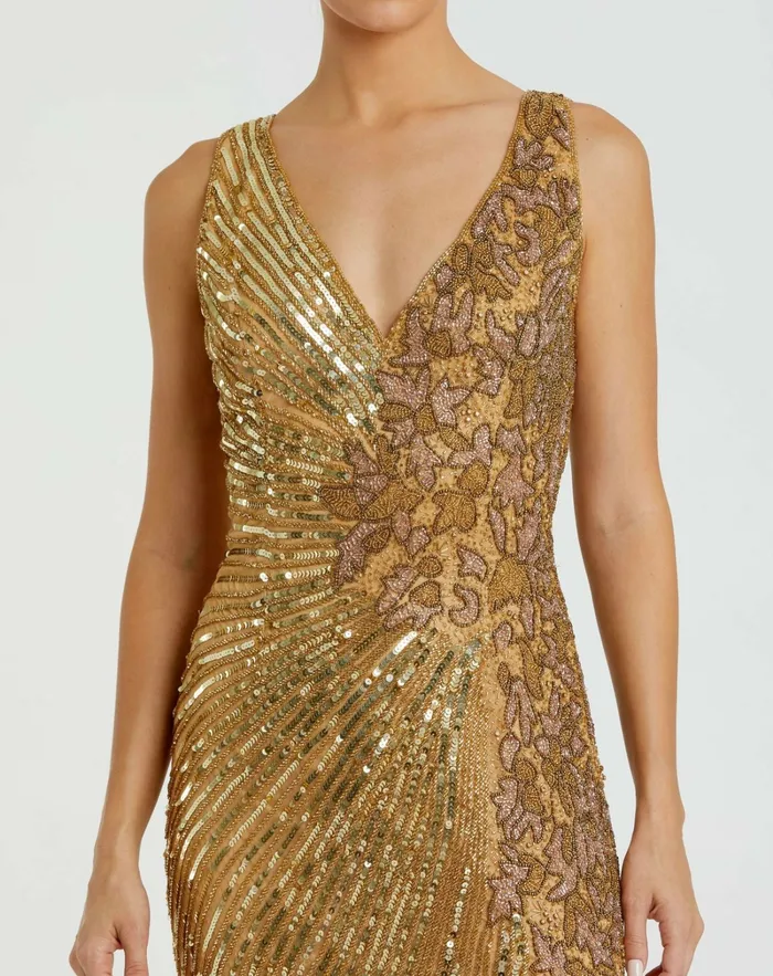 Women Best Sellers Mac Duggal Gold Beaded Floral Sleeveless Gown Gold