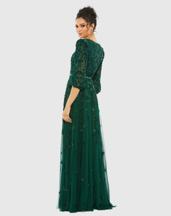 Women Best Sellers Mac Duggal Green Embellished V Neck 34 Sleeve A Line Gown Deep Emerald