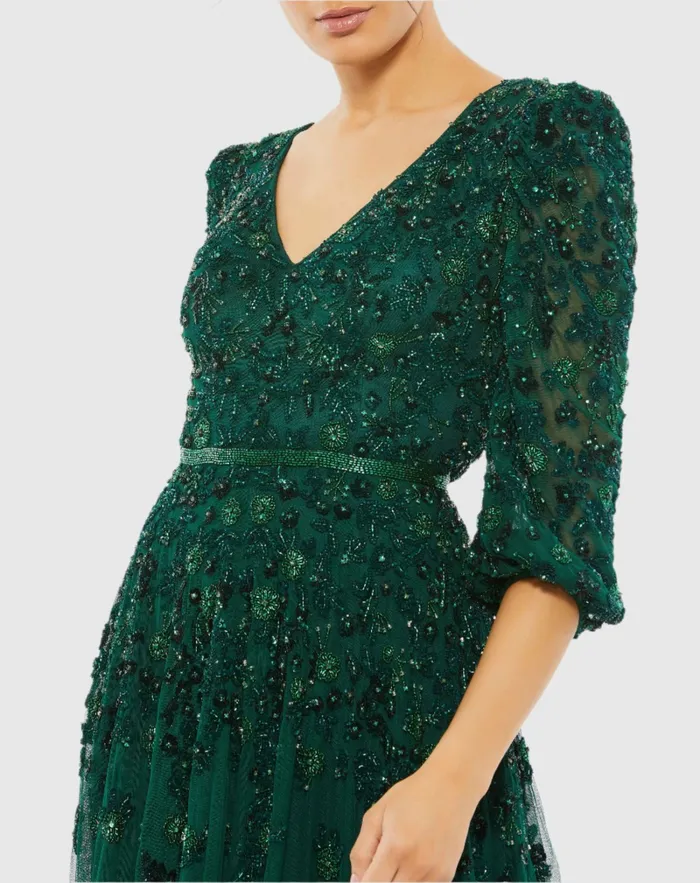 Women Best Sellers Mac Duggal Green Embellished V Neck 34 Sleeve A Line Gown Deep Emerald