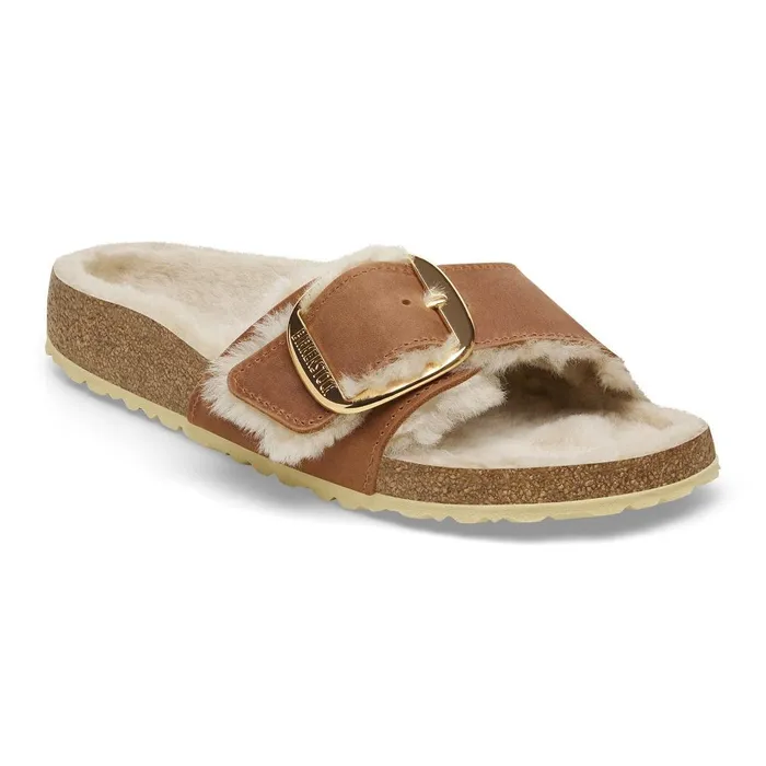 Women Birkenstock OneStrap Madrid Big Buckle Shearling Cognac