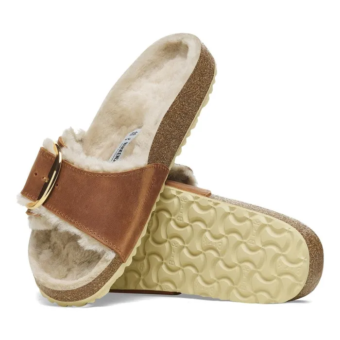 Women Birkenstock OneStrap Madrid Big Buckle Shearling Cognac