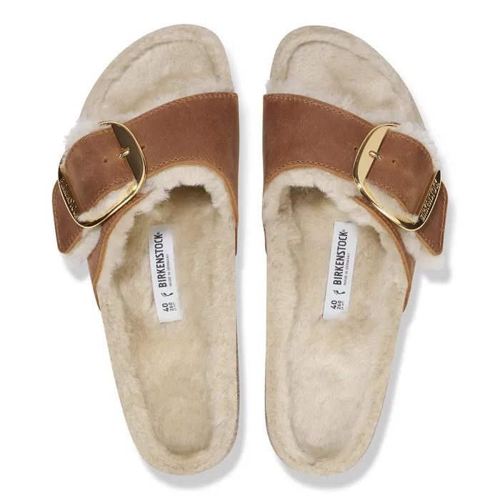 Women Birkenstock OneStrap Madrid Big Buckle Shearling Cognac