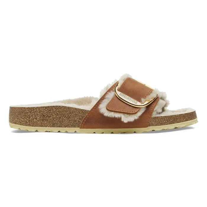 Women Birkenstock OneStrap Madrid Big Buckle Shearling Cognac
