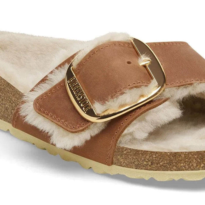 Women Birkenstock OneStrap Madrid Big Buckle Shearling Cognac
