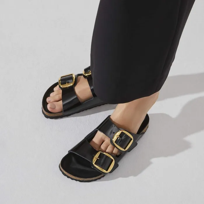 Women Birkenstock TwoStrap Arizona Big Buckle High Shine Black