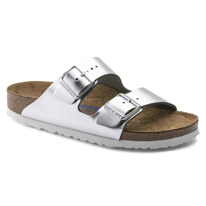 Women Birkenstock TwoStrap Arizona Soft Footbed Metallic Silver