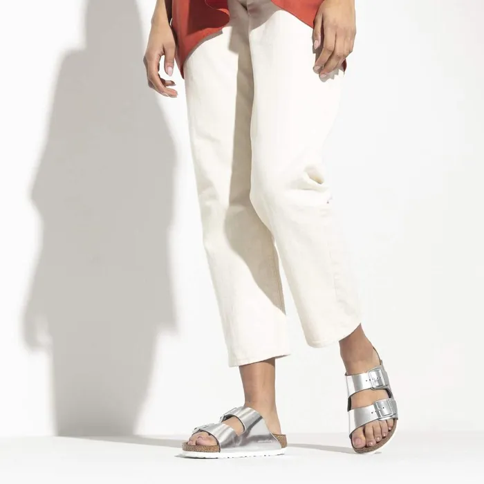 Women Birkenstock TwoStrap Arizona Soft Footbed Metallic Silver