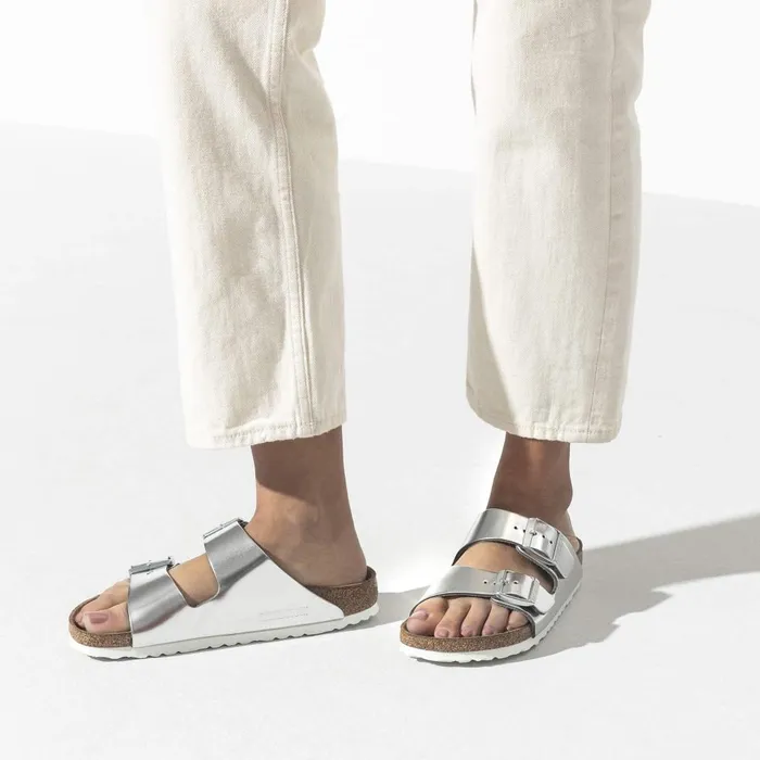 Women Birkenstock TwoStrap Arizona Soft Footbed Metallic Silver