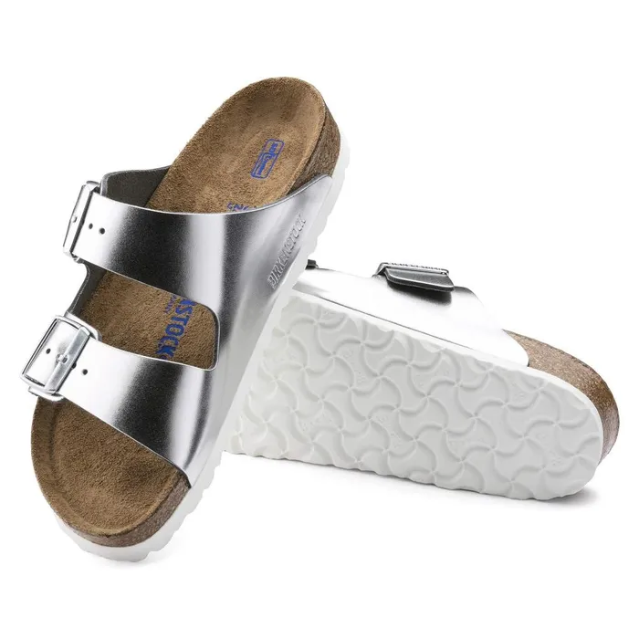 Women Birkenstock TwoStrap Arizona Soft Footbed Metallic Silver