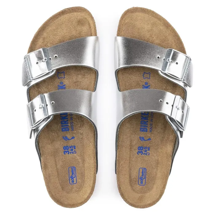 Women Birkenstock TwoStrap Arizona Soft Footbed Metallic Silver