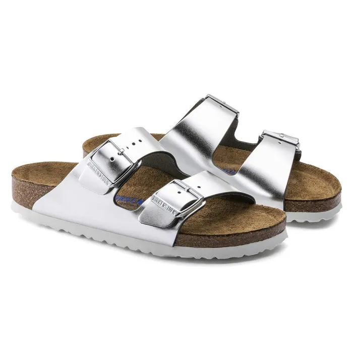 Women Birkenstock TwoStrap Arizona Soft Footbed Metallic Silver