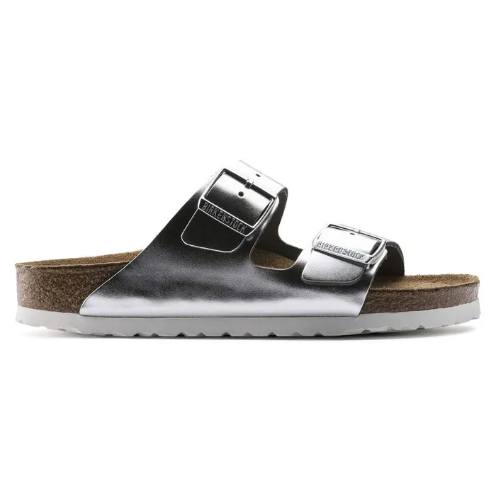 Women Birkenstock TwoStrap Arizona Soft Footbed Metallic Silver