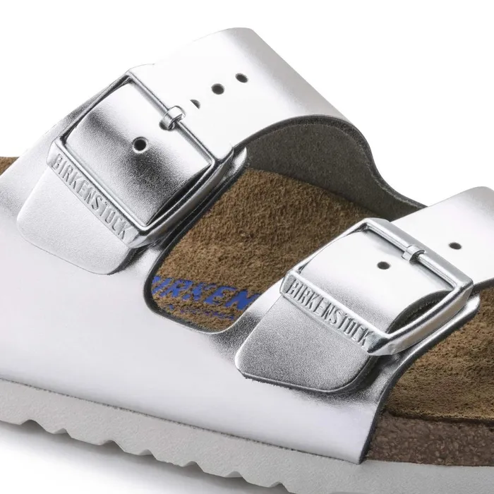 Women Birkenstock TwoStrap Arizona Soft Footbed Metallic Silver