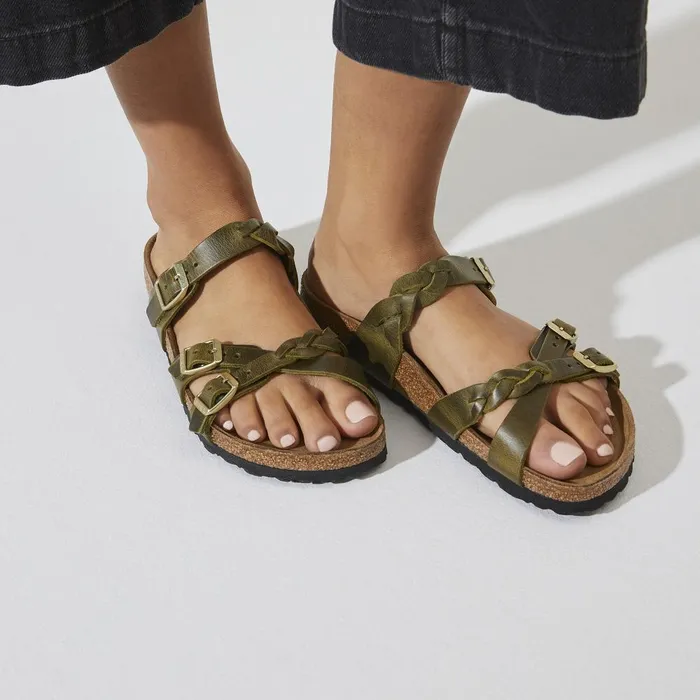 Women Birkenstock TwoStrap Franca Braided Olive Green