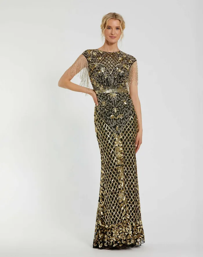 Women Black High Neck Sleeveless Beaded Fringe Fitted Gown Black Gold Evening Gowns Mac Duggal Women Black High Neck Sleeveless Beaded Fringe Fitted Gown Black Gold Evening Gowns Mac Duggal