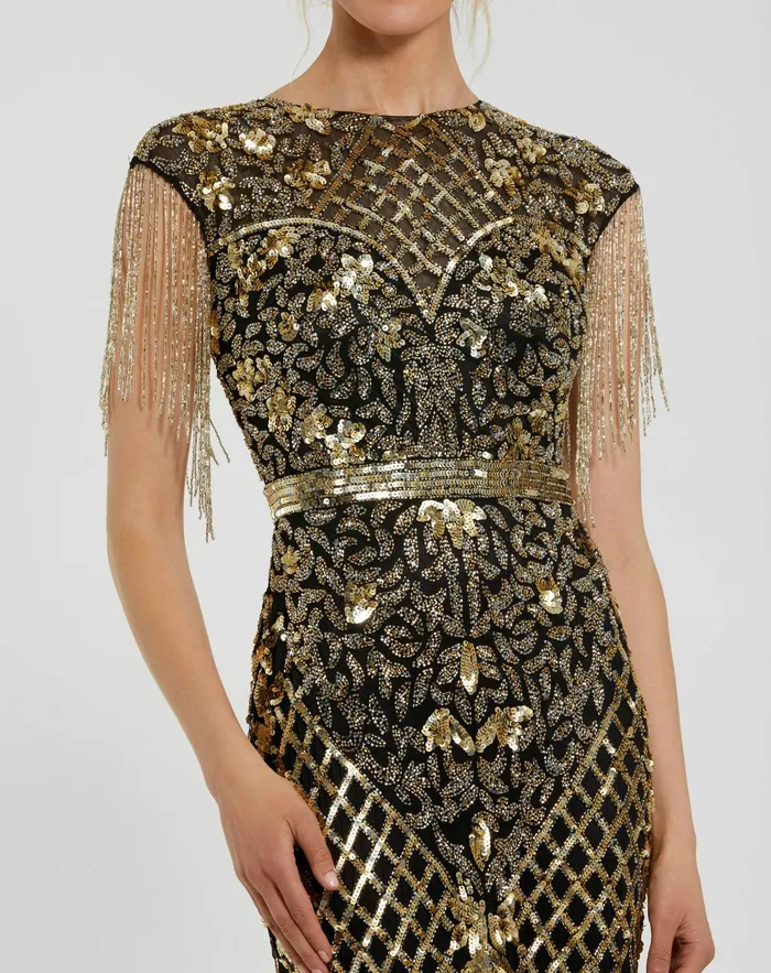 Women Black High Neck Sleeveless Beaded Fringe Fitted Gown Black Gold Evening Gowns Mac Duggal