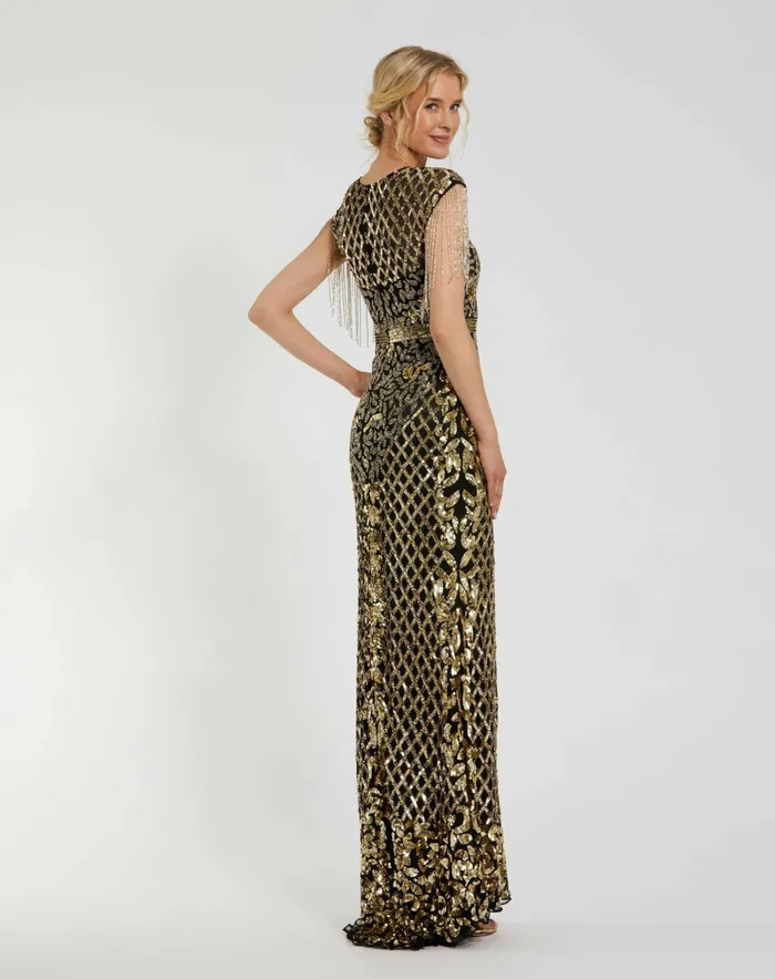 Women Black High Neck Sleeveless Beaded Fringe Fitted Gown Black Gold Evening Gowns Mac Duggal
