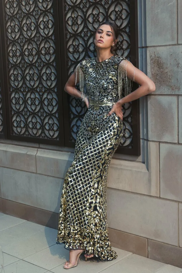 Women Black High Neck Sleeveless Beaded Fringe Fitted Gown Black Gold Evening Gowns Mac Duggal