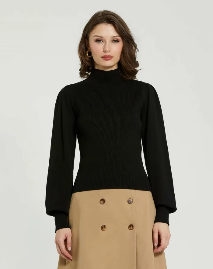 Women Black Ribbed Knit Balloon Sleeve Turtle Neck Sweater 8211 FINAL SALE Black Blouses and Tops Mac Duggal