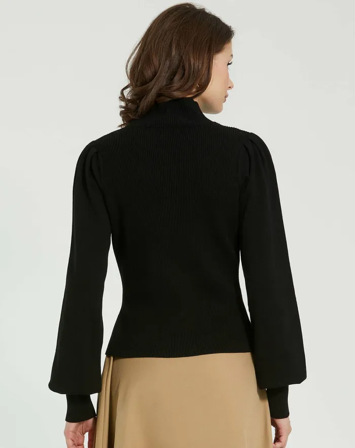 Women Black Ribbed Knit Balloon Sleeve Turtle Neck Sweater 8211 FINAL SALE Black Blouses and Tops Mac Duggal