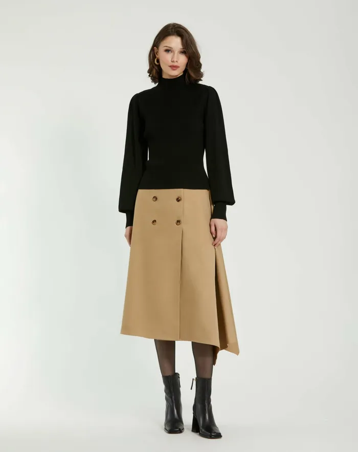 Women Black Ribbed Knit Balloon Sleeve Turtle Neck Sweater 8211 FINAL SALE Black Blouses and Tops Mac Duggal