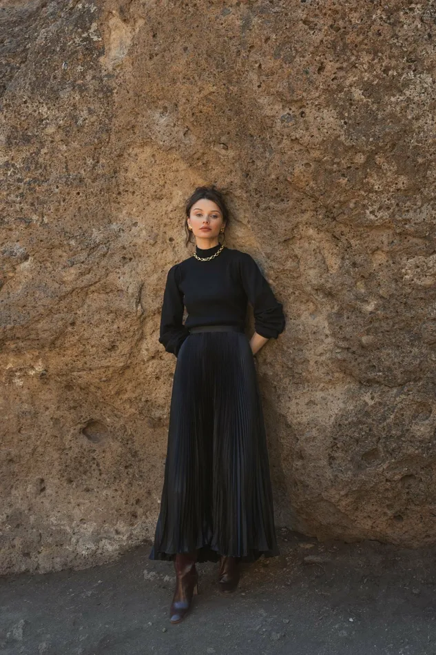 Women Black Ribbed Knit Balloon Sleeve Turtle Neck Sweater 8211 FINAL SALE Black Blouses and Tops Mac Duggal