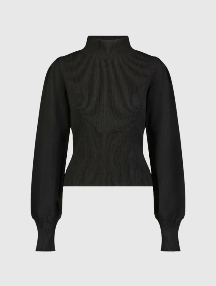 Women Black Ribbed Knit Balloon Sleeve Turtle Neck Sweater 8211 FINAL SALE Black Blouses and Tops Mac Duggal