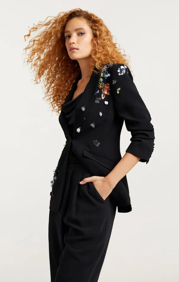 Women Blazers Cinq Sept Sequin Flower Scrunched Cheyenne Blazer Blackmulti