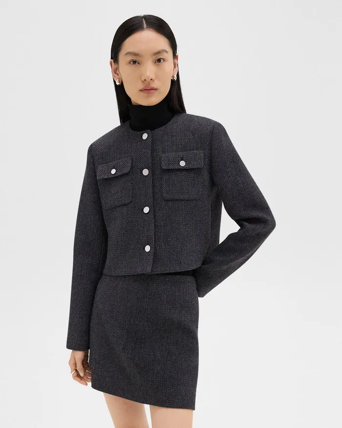 Women Blazers Jackets Theory Cardigan Jacket In Tweed Charcoal Melange