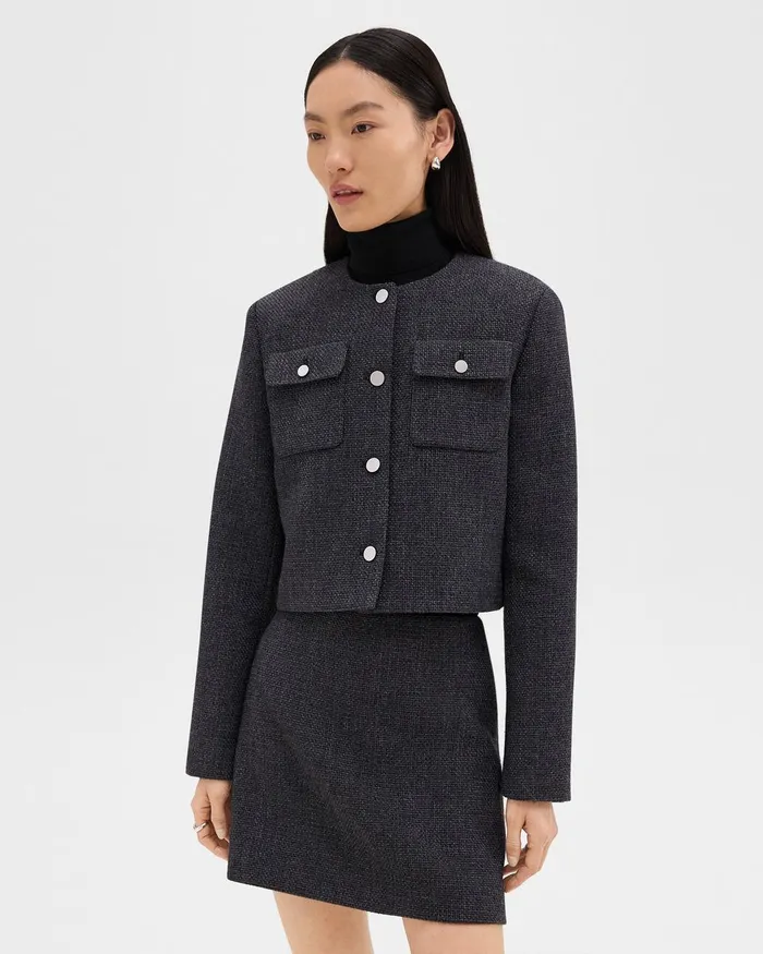 Women Blazers Jackets Theory Cardigan Jacket In Tweed Charcoal Melange