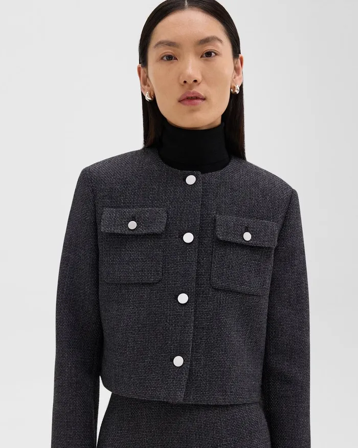 Women Blazers Jackets Theory Cardigan Jacket In Tweed Charcoal Melange