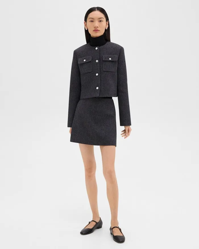 Women Blazers Jackets Theory Cardigan Jacket In Tweed Charcoal Melange