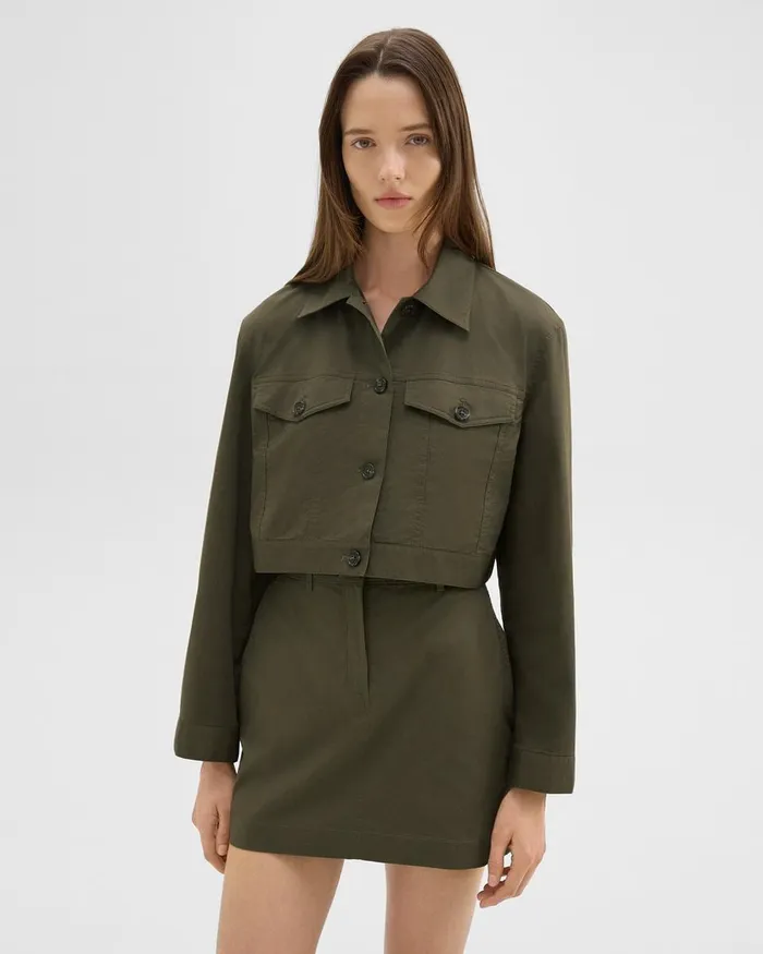 Women Blazers Jackets Theory Cropped Trucker Jacket In Organic Cotton Dark Olive