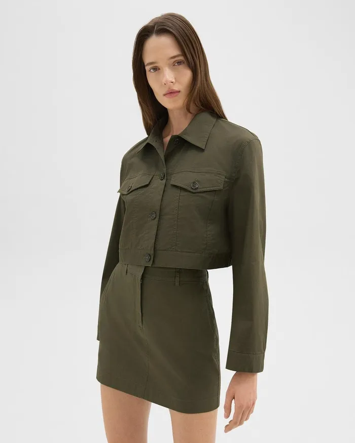 Women Blazers Jackets Theory Cropped Trucker Jacket In Organic Cotton Dark Olive