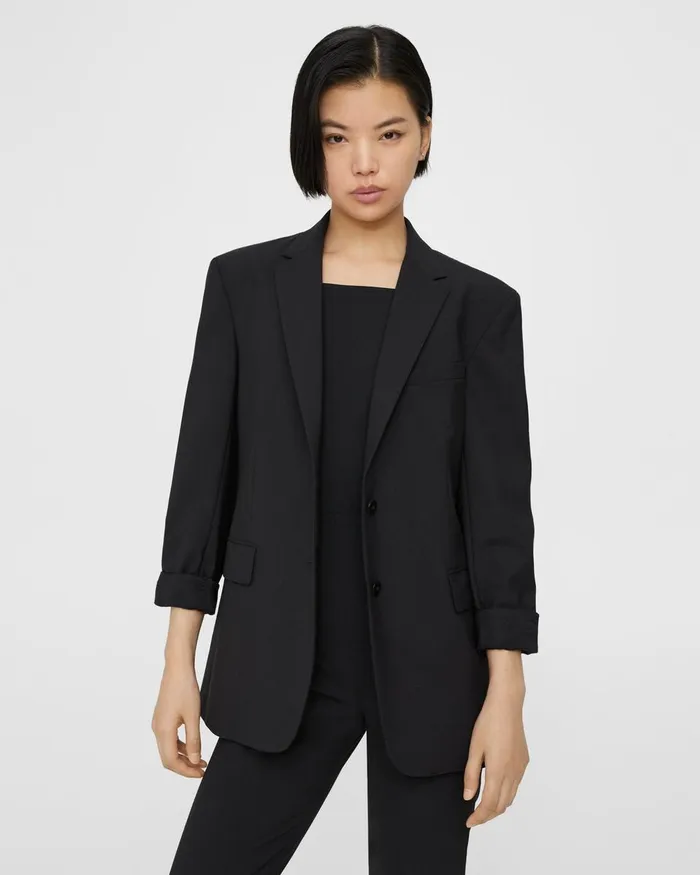 Women Blazers Jackets Theory Rolled Sleeve Boyfriend Jacket In Good Wool Black