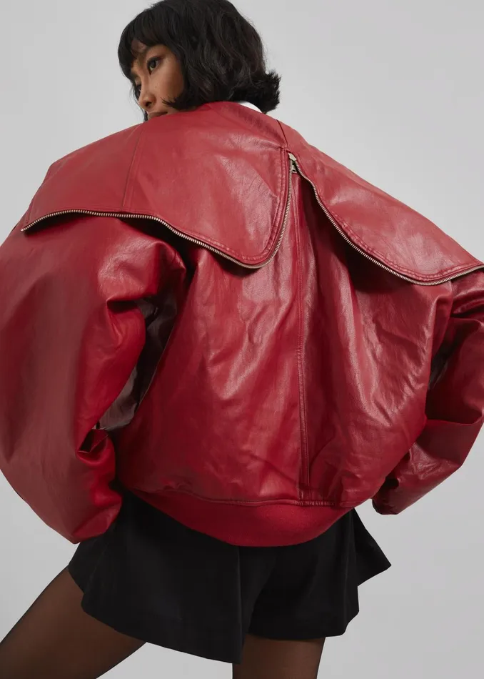 Women Burnaby Faux Leather ZipUp Hoodie 8211 Red The Frankie Shop Outerwear