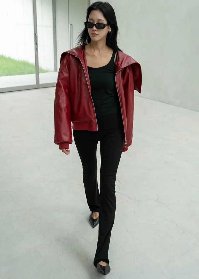 Women Burnaby Faux Leather ZipUp Hoodie 8211 Red The Frankie Shop Outerwear
