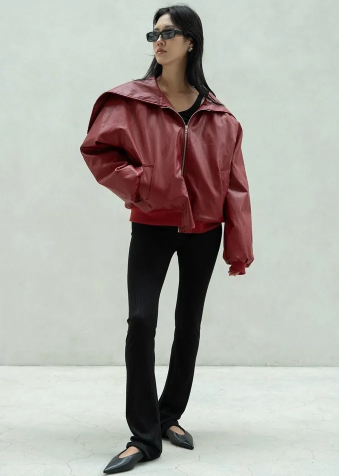 Women Burnaby Faux Leather ZipUp Hoodie 8211 Red The Frankie Shop Outerwear