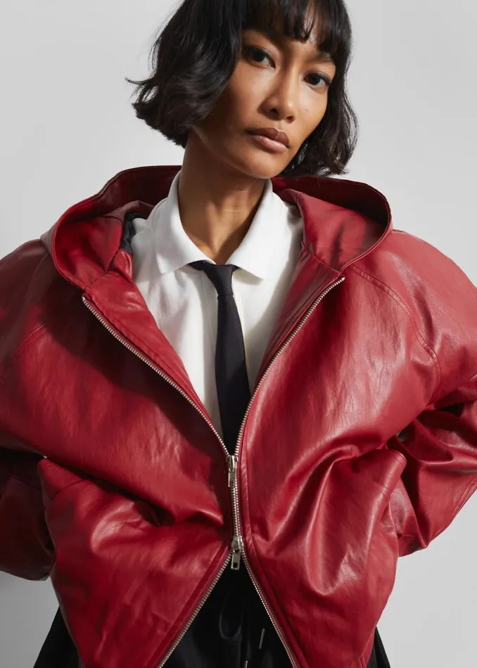 Women Burnaby Faux Leather ZipUp Hoodie 8211 Red The Frankie Shop Outerwear