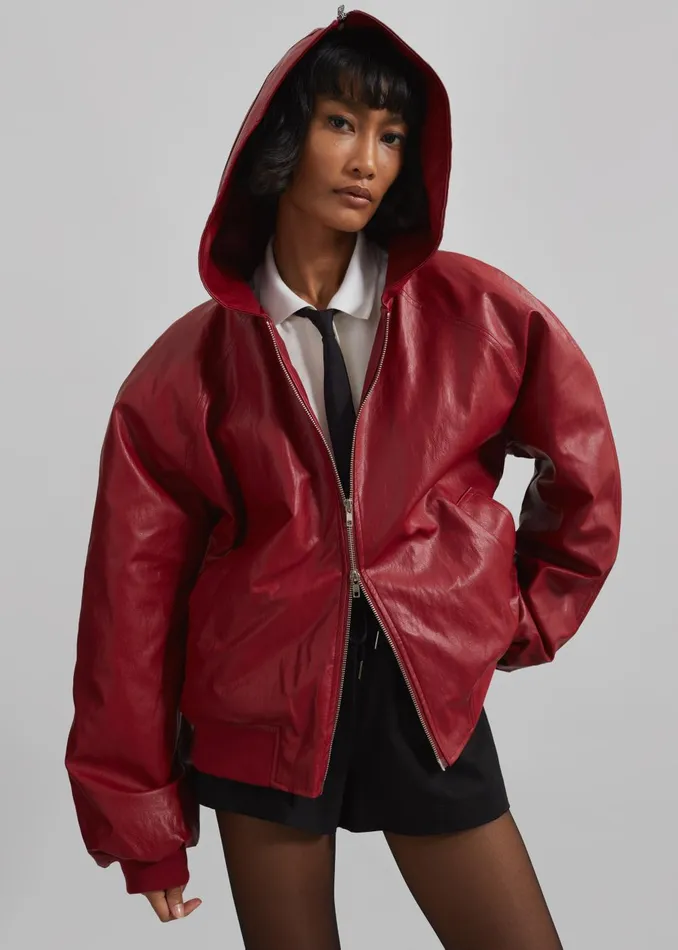 Women Burnaby Faux Leather ZipUp Hoodie 8211 Red The Frankie Shop Outerwear