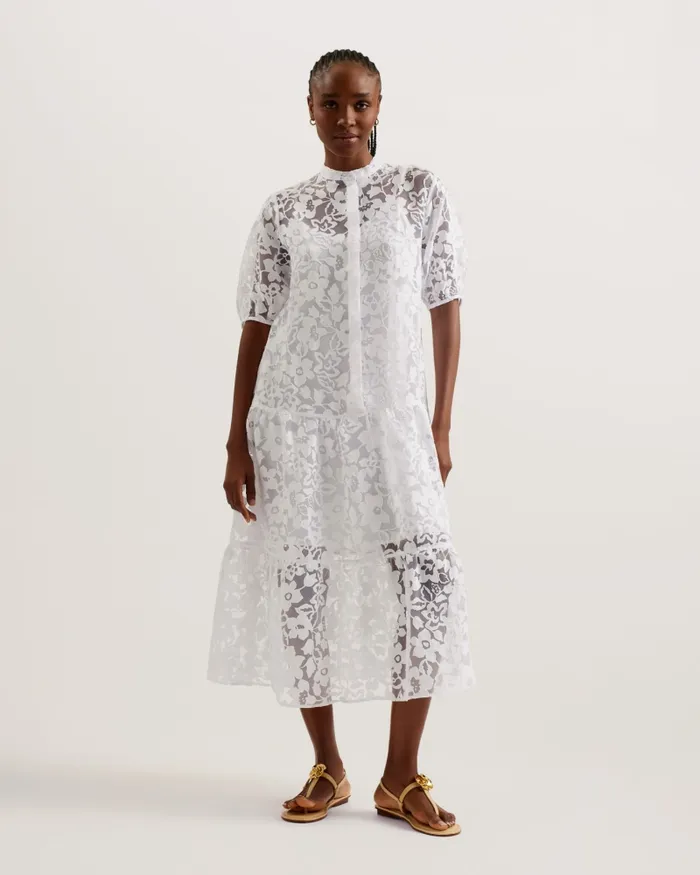 Women CLAAREY 8211 Tiered Devor Midi Dress White Ted Baker Dresses Women CLAAREY 8211 Tiered Devor Midi Dress White Ted Baker Dresses