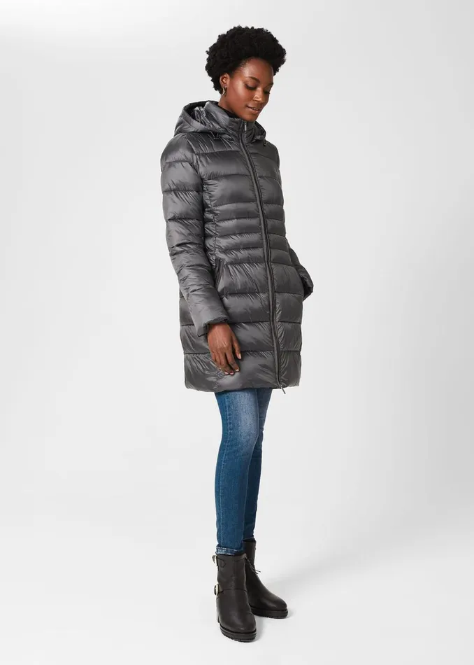 Women Coats and Jackets Hobbs Danika Long Puffer Jacket With Hood Charcoal Grey