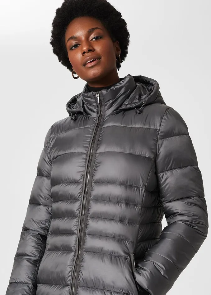 Women Coats and Jackets Hobbs Danika Long Puffer Jacket With Hood Charcoal Grey