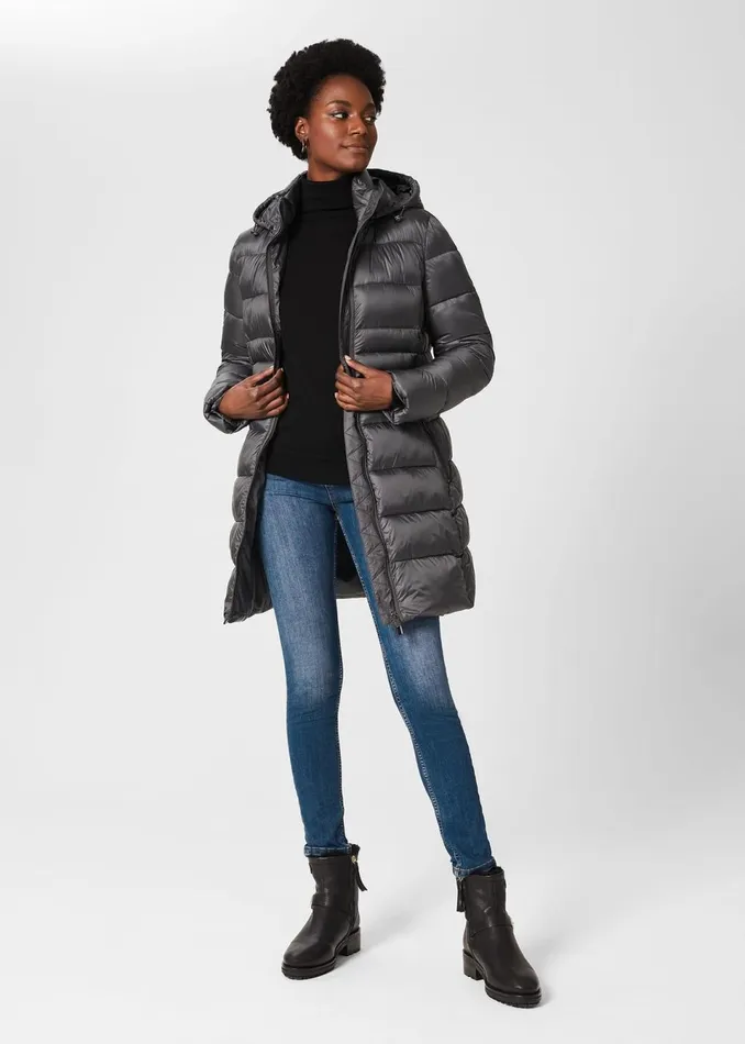 Women Coats and Jackets Hobbs Danika Long Puffer Jacket With Hood Charcoal Grey