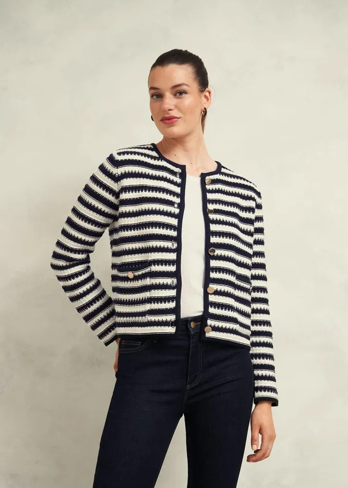 Women Coats and Jackets Hobbs Milly Cotton Knitted Jacket Navy Warm Ivory